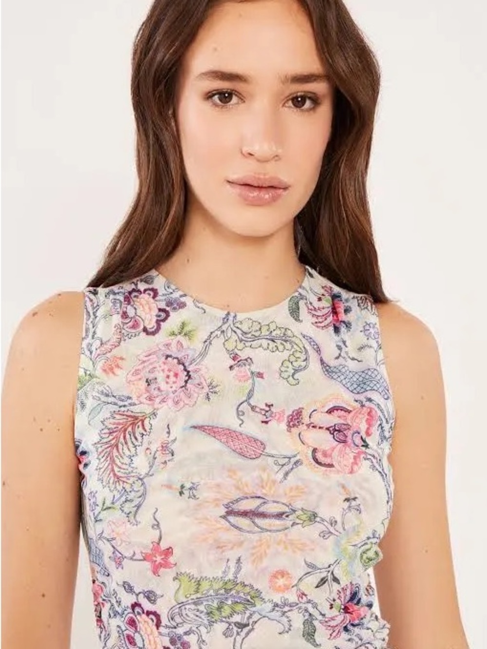 cinq a sept S Ruched Floral Paisley Stretchy Mesh Top Designer Colorful Modern